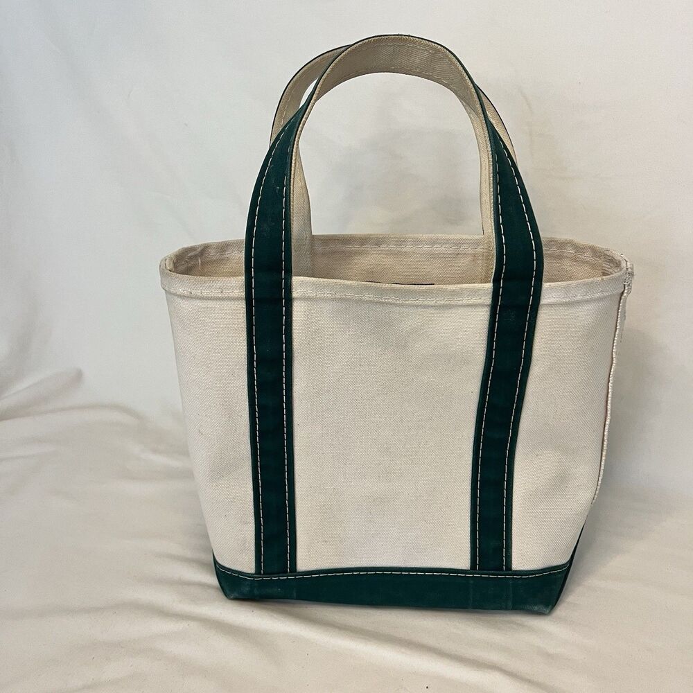 Vintage 90s LL Bean Boat And Tote Small Cream Canvas With Green Handles - Picture 2 of 4